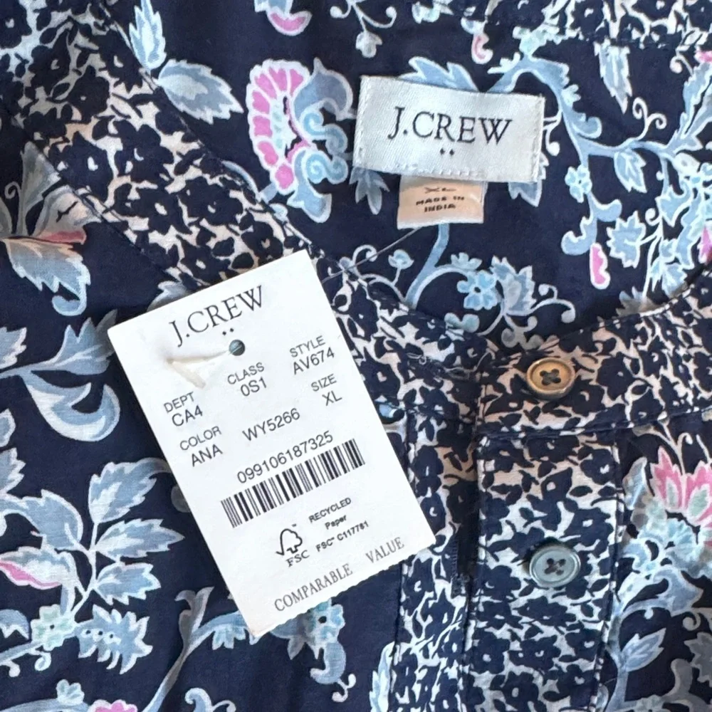 J. Crew Navy Floral Long-Sleeve Tiered Midi Dress
